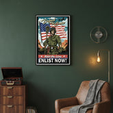 Vintage-style For Crease & Country Hobo Lax Poster of a soldier with an American flag in a room with a brown armchair and wooden cabinet.